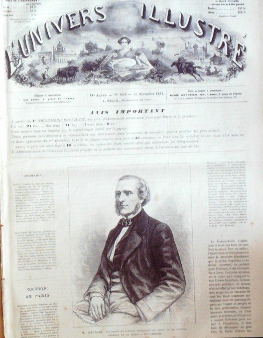 L'Univers illustré 1871 # 868 Etats-Unis Chicago Dijon (21) Le Bourget (93) Chili détroit Magellan