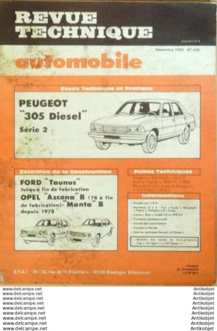 R.T Automobile Peugeot 305 Ford Taunus opel Ascona   # 436