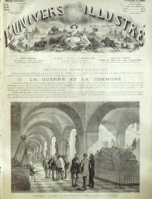 L'Univers illustré 1871 # 874 Versailles (78) Italie Rome fête de Madone Inde Omnibus à  vapeur