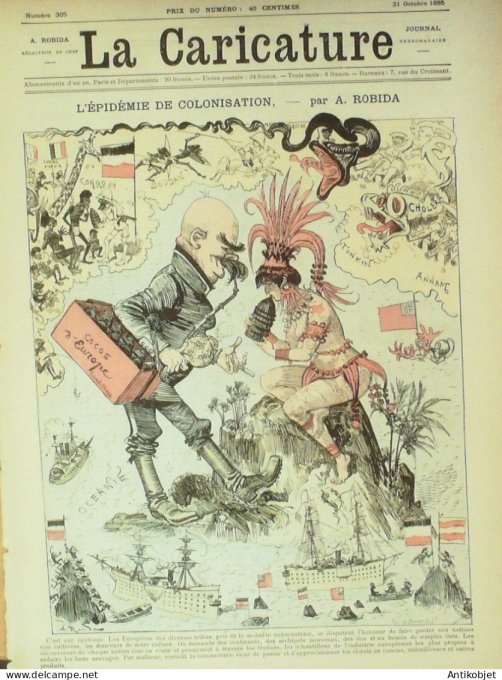 La Caricature 1885 n°305 Epidémie de colonisation Robida Sorel Trock Lockroy par Luque Job