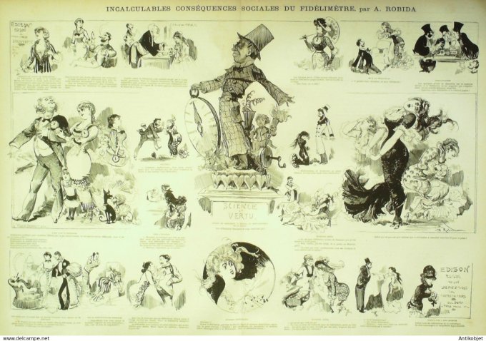 La Caricature 1880 n°  25 Invention d'Edison le Fidélimètre Barret Robida Quidam