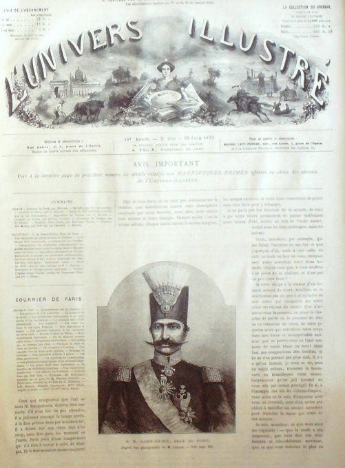 L'Univers illustré 1873 # 953 Iran Téhéran Nassr-Ed-Din Sham Perse Autriche Vienne  Dieppe (76)