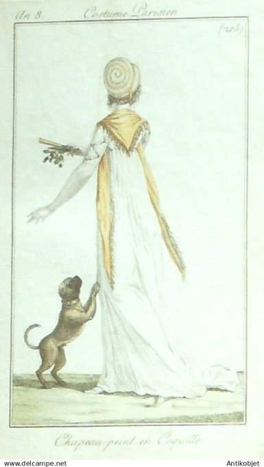 Gravure Costume Parisien 1800 an 8 # 215 (eau forte) Chapeau peint en coquille chien