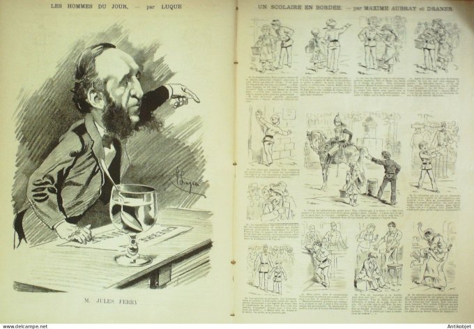 La Caricature 1884 n°251 Un scolaire en bordée Draner & Aubray Ferry par Luque Sorel