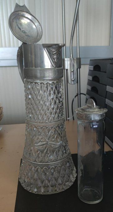 Aiguière à pichet carafe en Cristal taillé & étain 1900